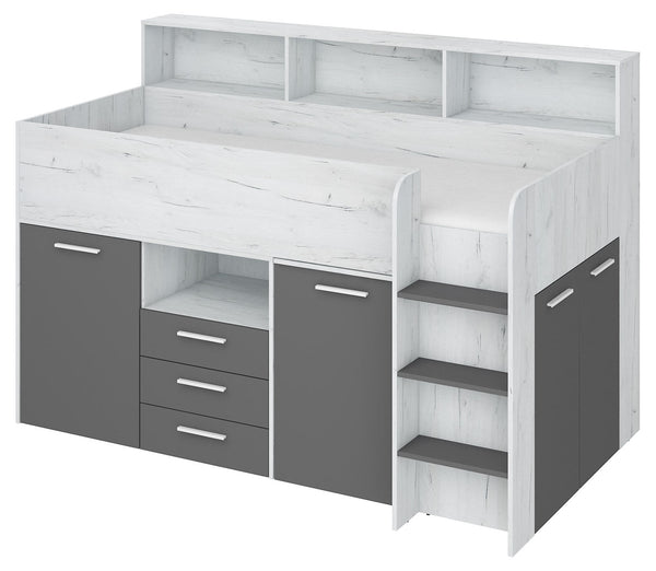 NEO P Hochbett – 80 cm x 200 cm – Kompaktes Jugendbett mit Schreibtisch und Stauraum