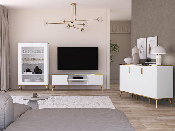 VITERBO Wohnzimmer-Set – 3 Teile – Modernes Design in Weiß mit Glasdetails und Stauraum