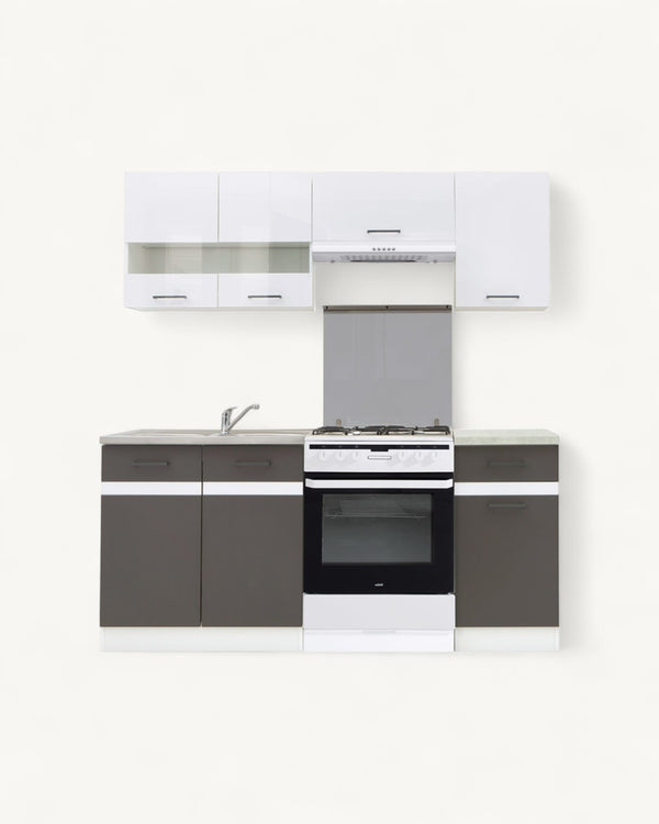 Junona Line Küchenzeile 180 cm Weiß Hochglanz / Grau – KU-GEN067 – Moderne Einbauküche mit Arbeitsplatte