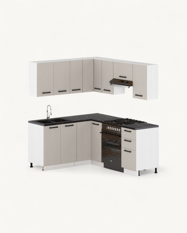 Milan Eckküche 170 cm Kaschmir – KU-GEN0102 – Modulare Küchenzeile mit Blende und Stauraum